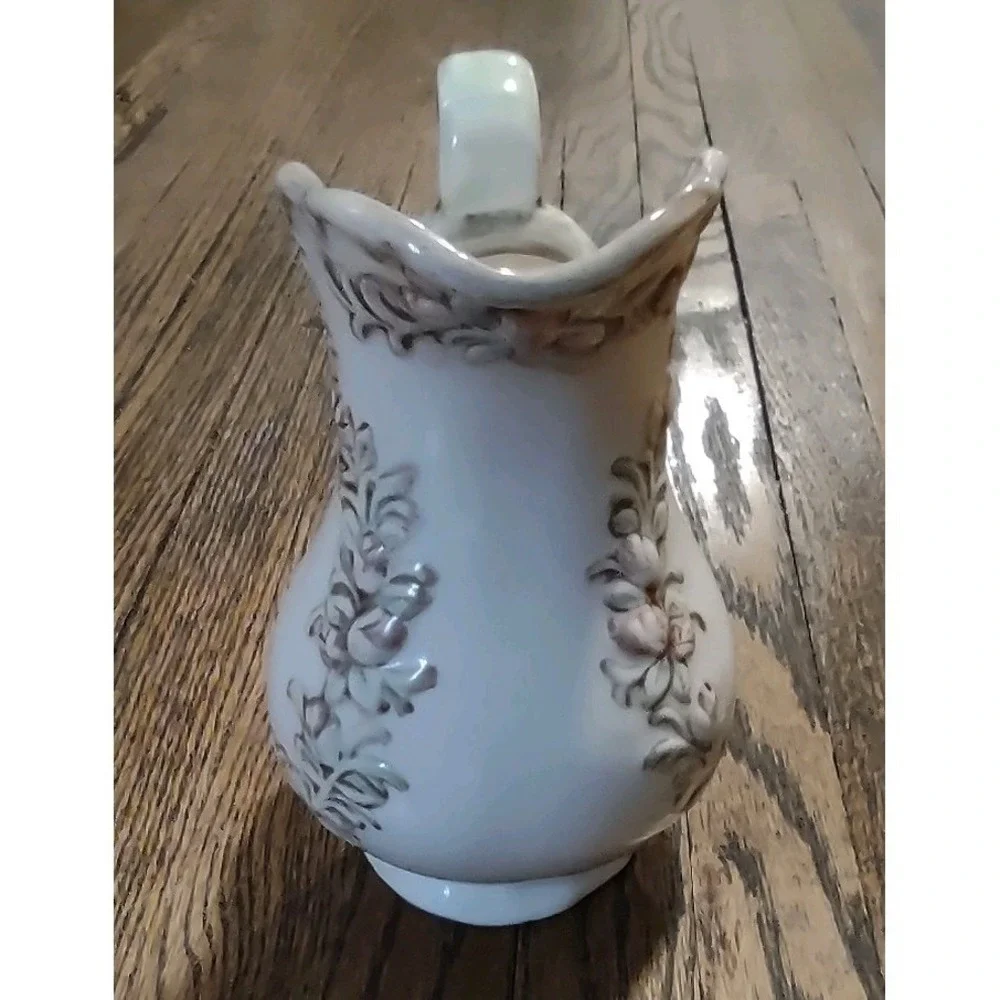 Vintage Ceramic Floral Pitcher Embossed Pink Roses White Bud Vase Creamer